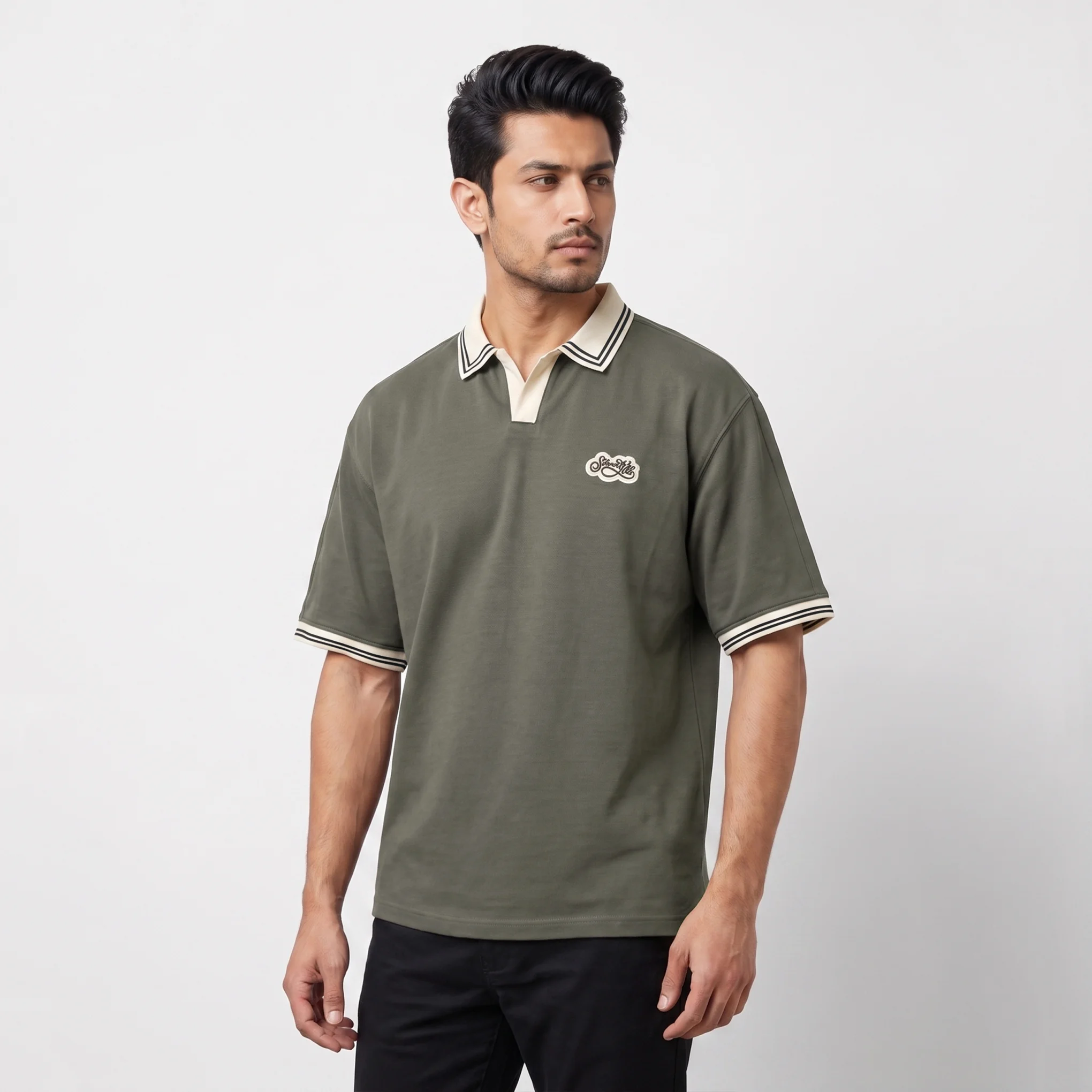 Oversized V.neck-Collar Striped Polo Shirt - Image 4