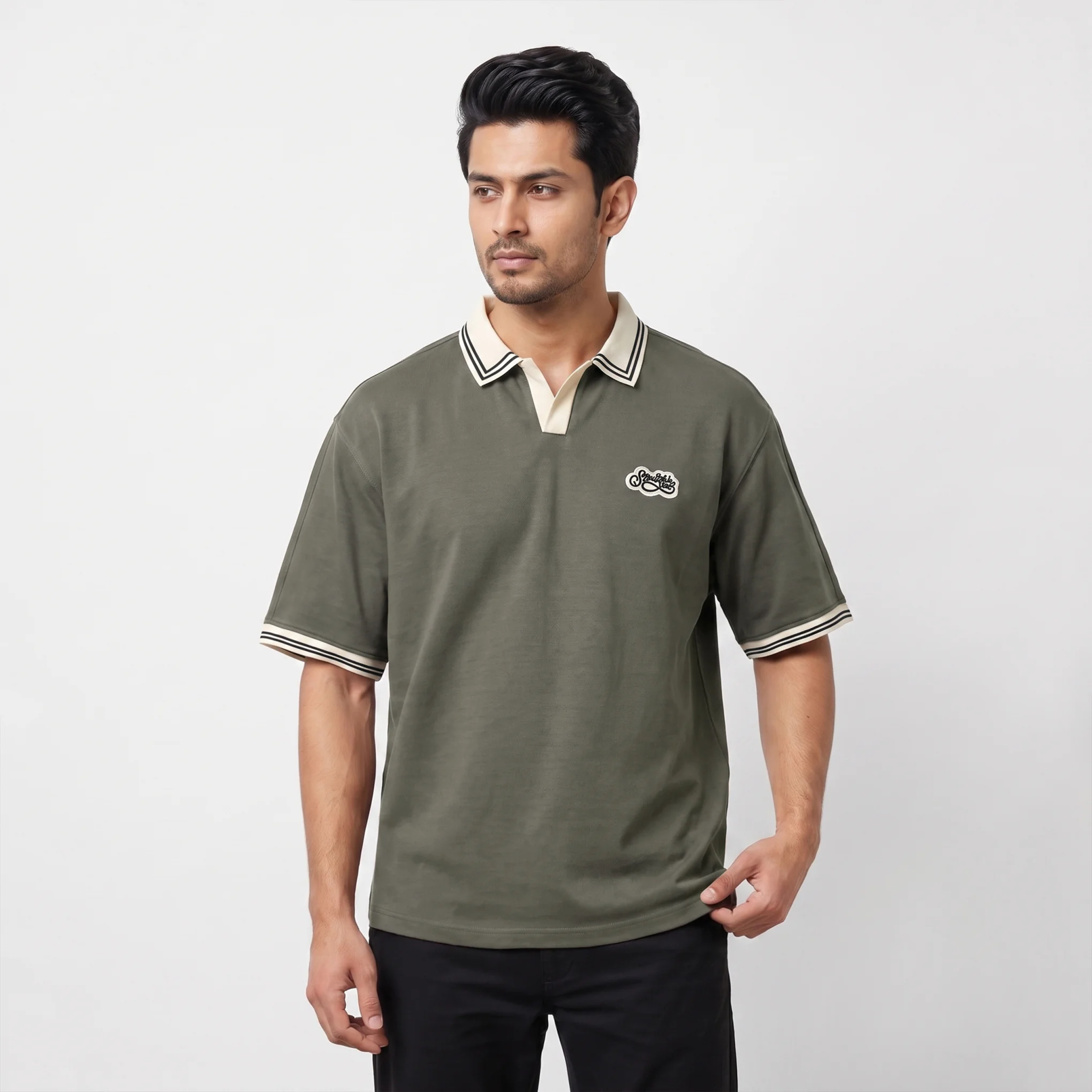 Oversized V.neck-Collar Striped Polo Shirt - Image 2