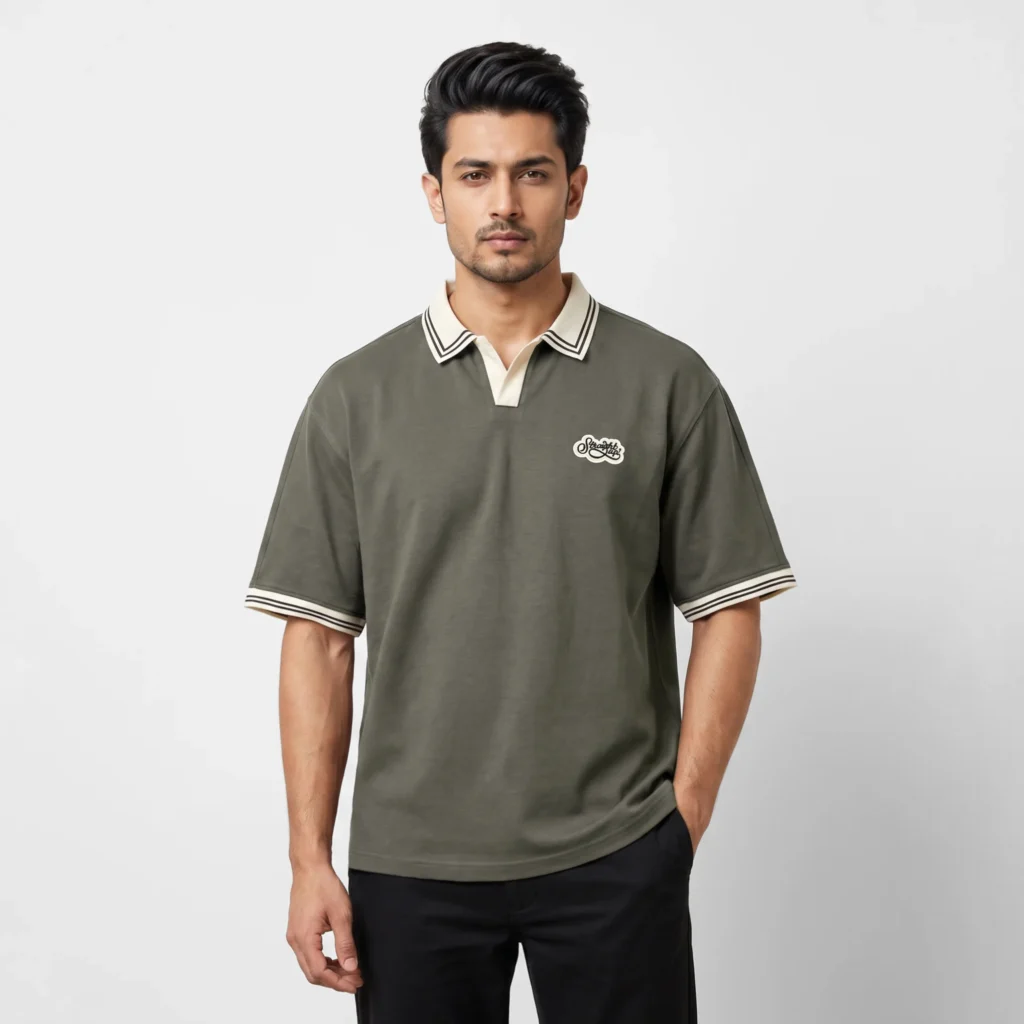 Oversized V.neck-Collar Striped Polo Shirt