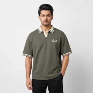 Oversized V.neck-Collar Striped Polo Shirt