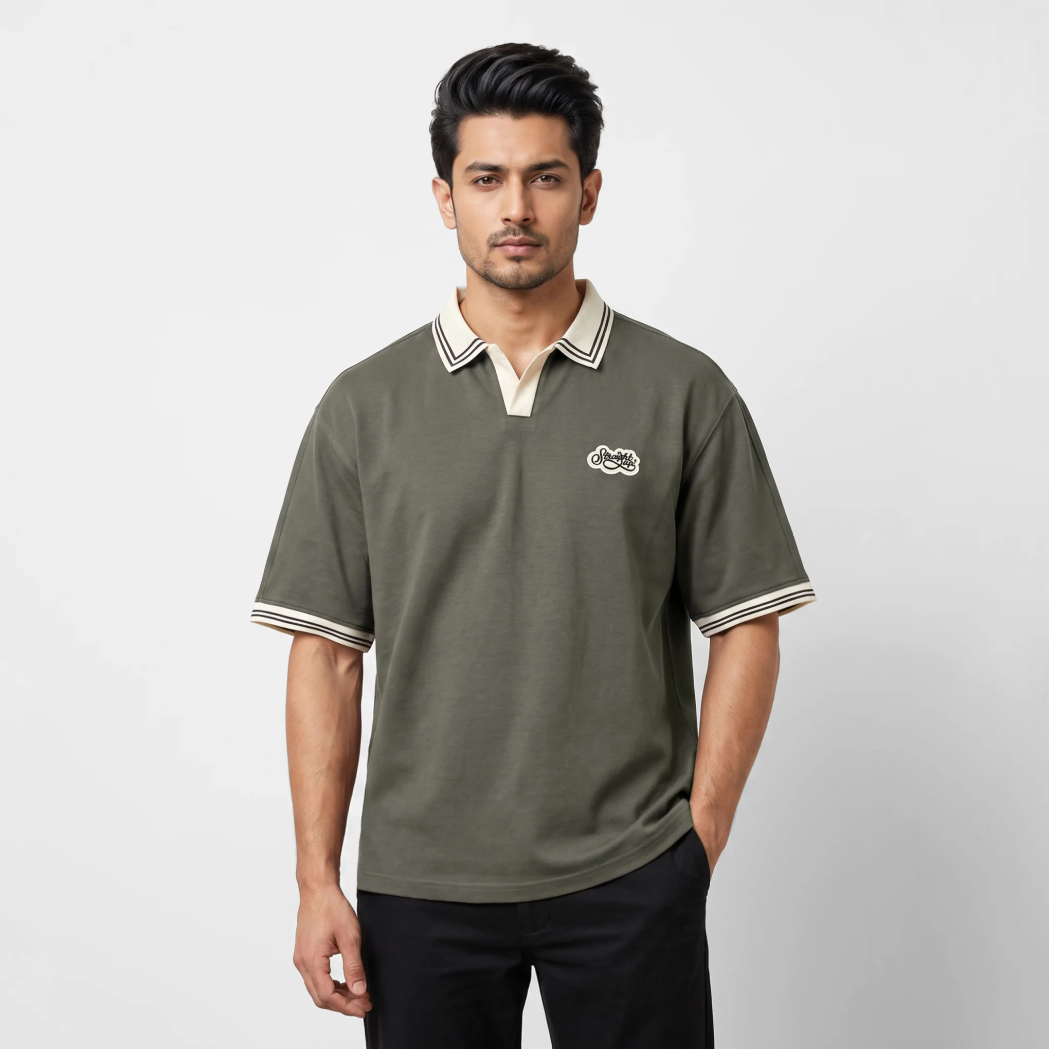 Oversized V.neck-Collar Striped Polo Shirt