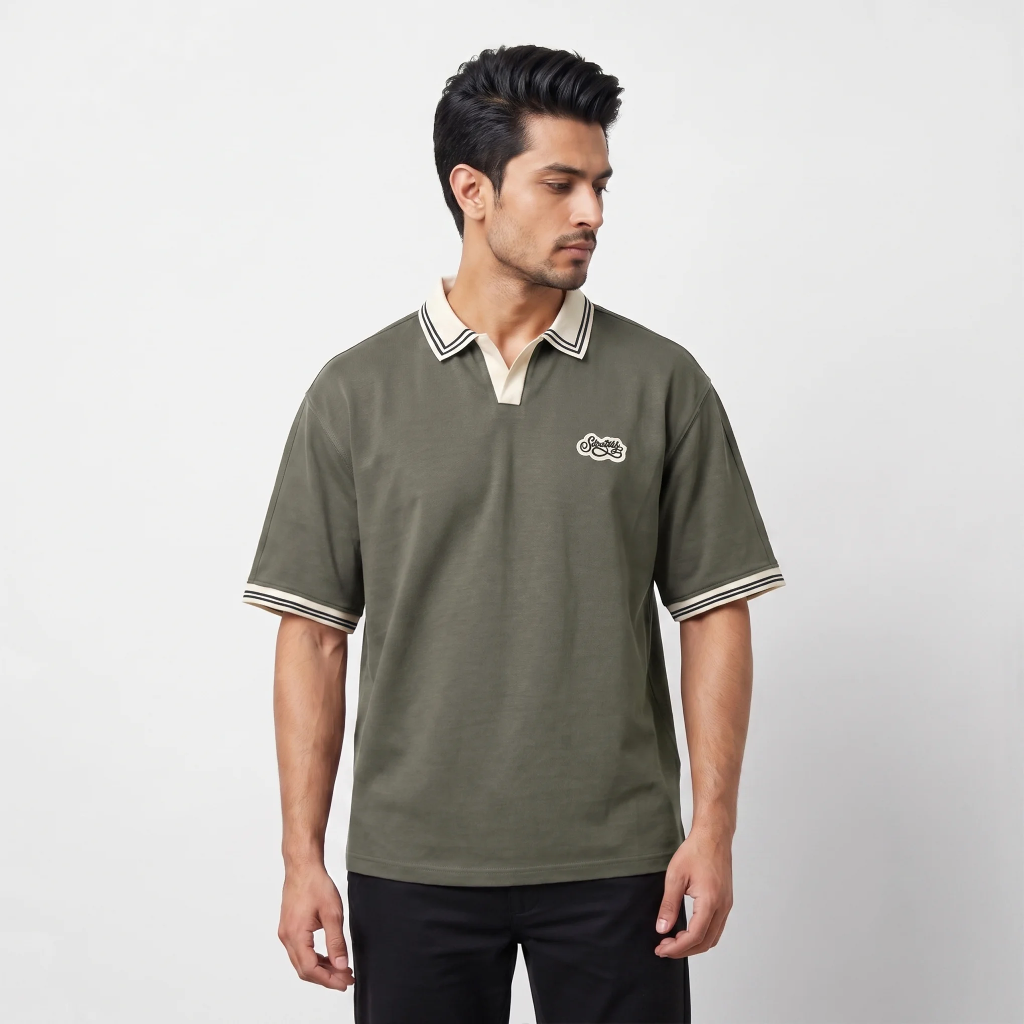 Oversized V.neck-Collar Striped Polo Shirt - Image 3
