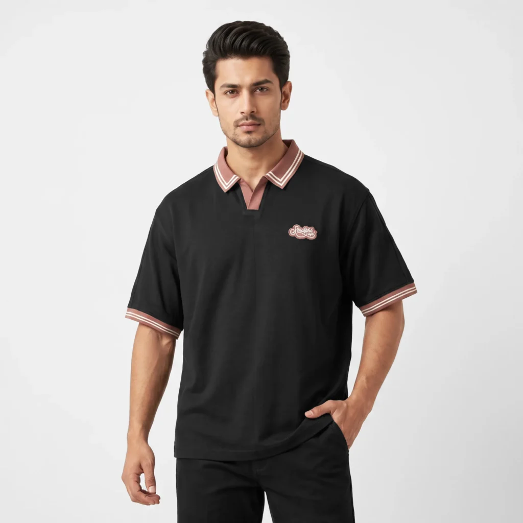 Oversized V.neck-Collar Striped Polo Shirt