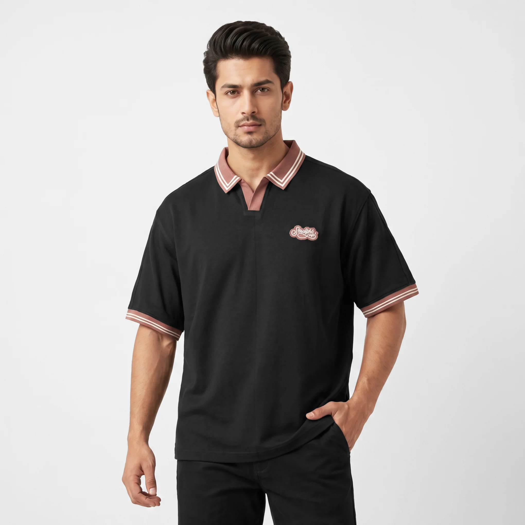 Oversized V.neck-Collar Striped Polo Shirt