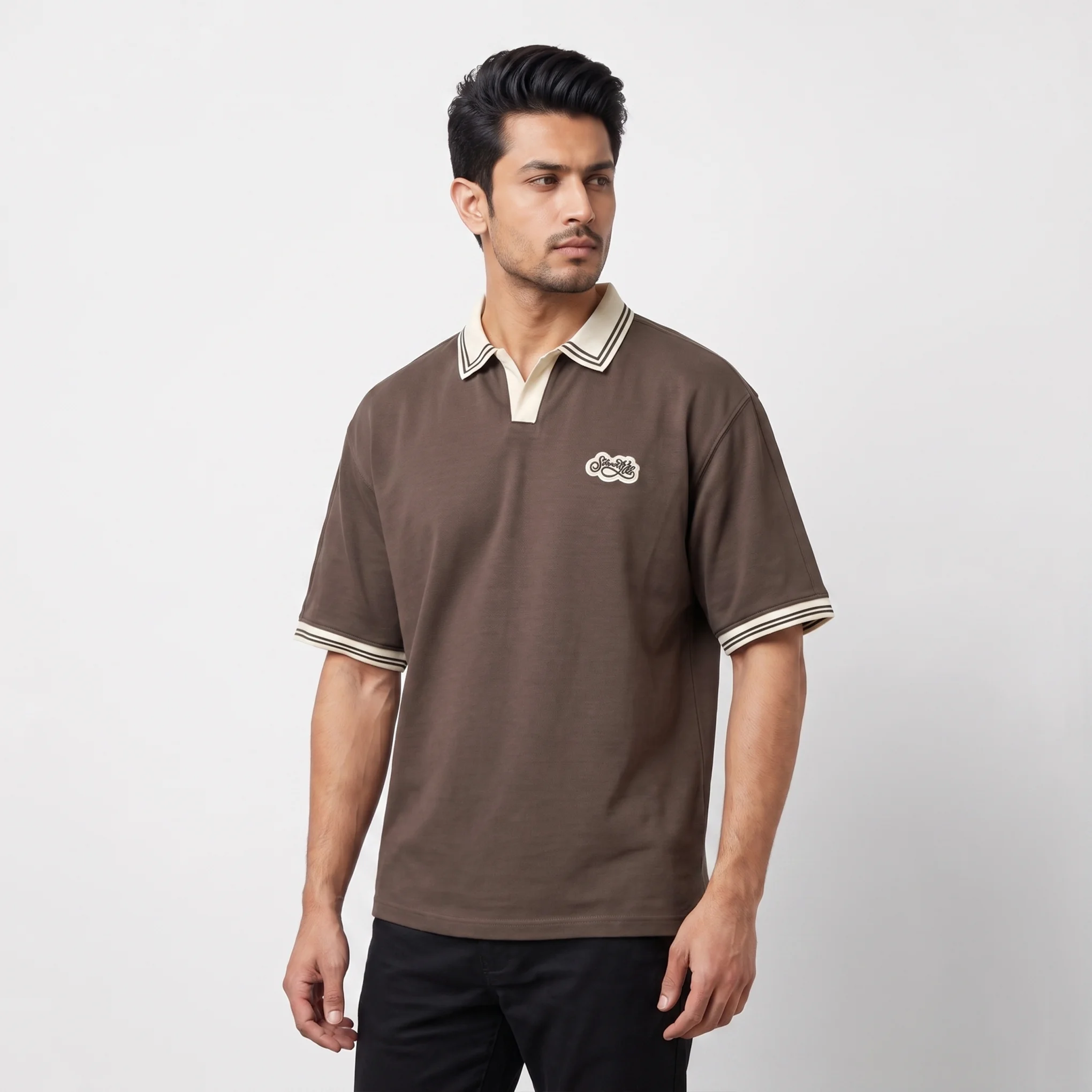 Oversized V.neck-Collar Striped Polo Shirt - Image 4