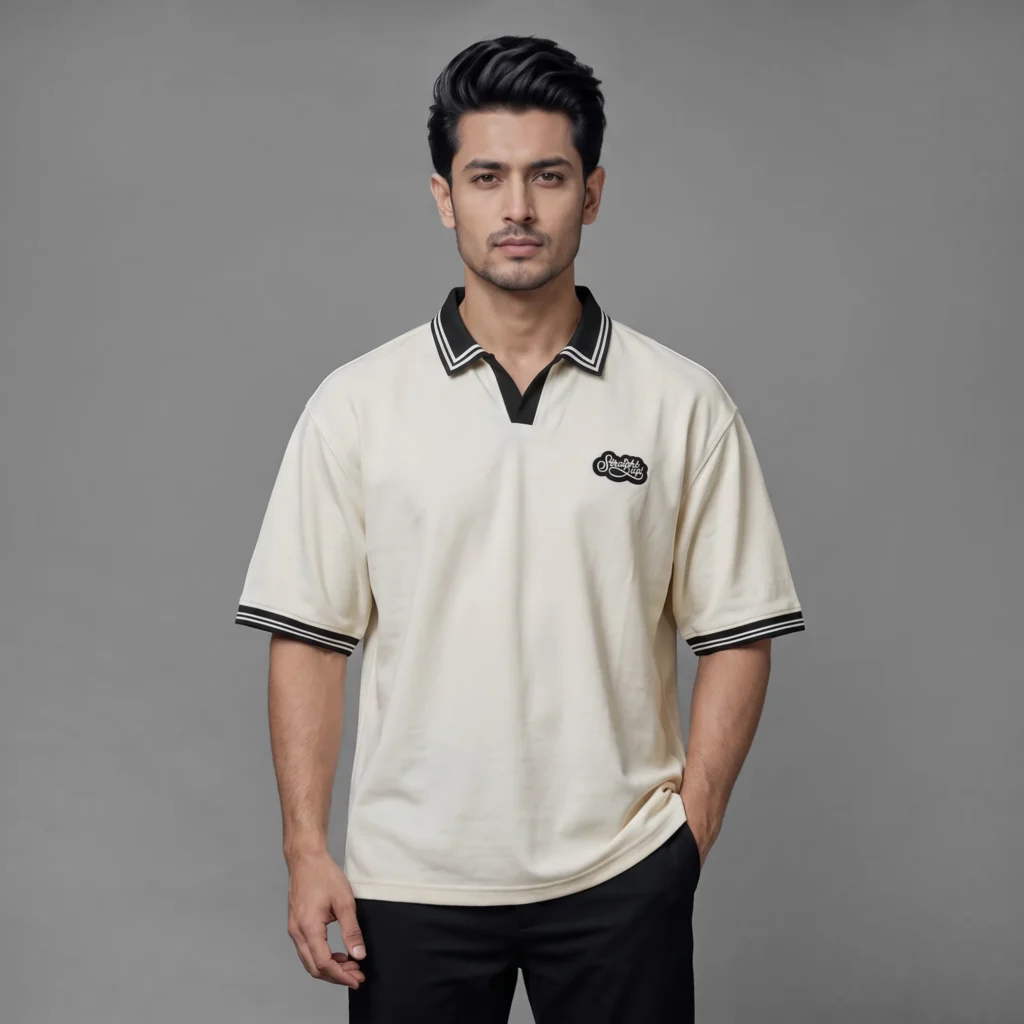 Oversized V.neck-Collar Striped Polo Shirt