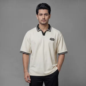 Oversized V.neck-Collar Striped Polo Shirt