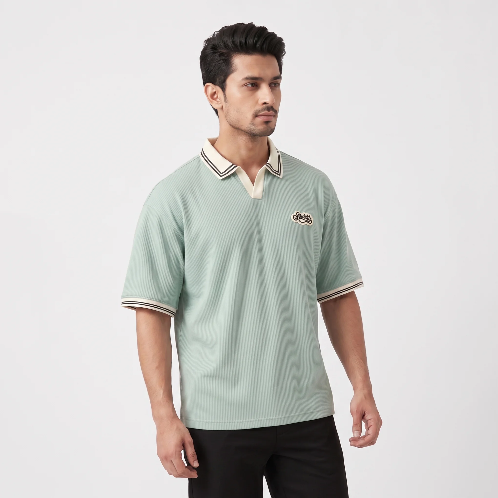 Oversized V.neck-Collar Striped Polo Shirt - Image 4