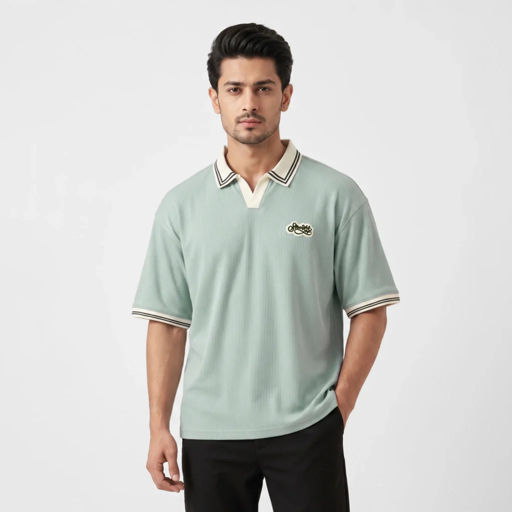 Oversized V.neck-Collar Striped Polo Shirt