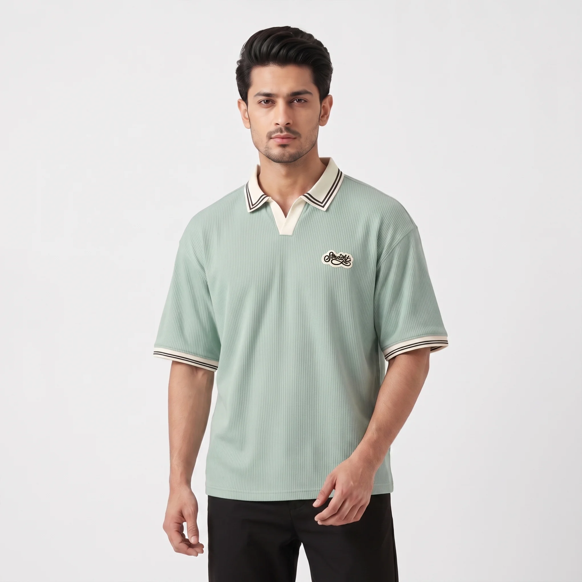 Oversized V.neck-Collar Striped Polo Shirt - Image 2