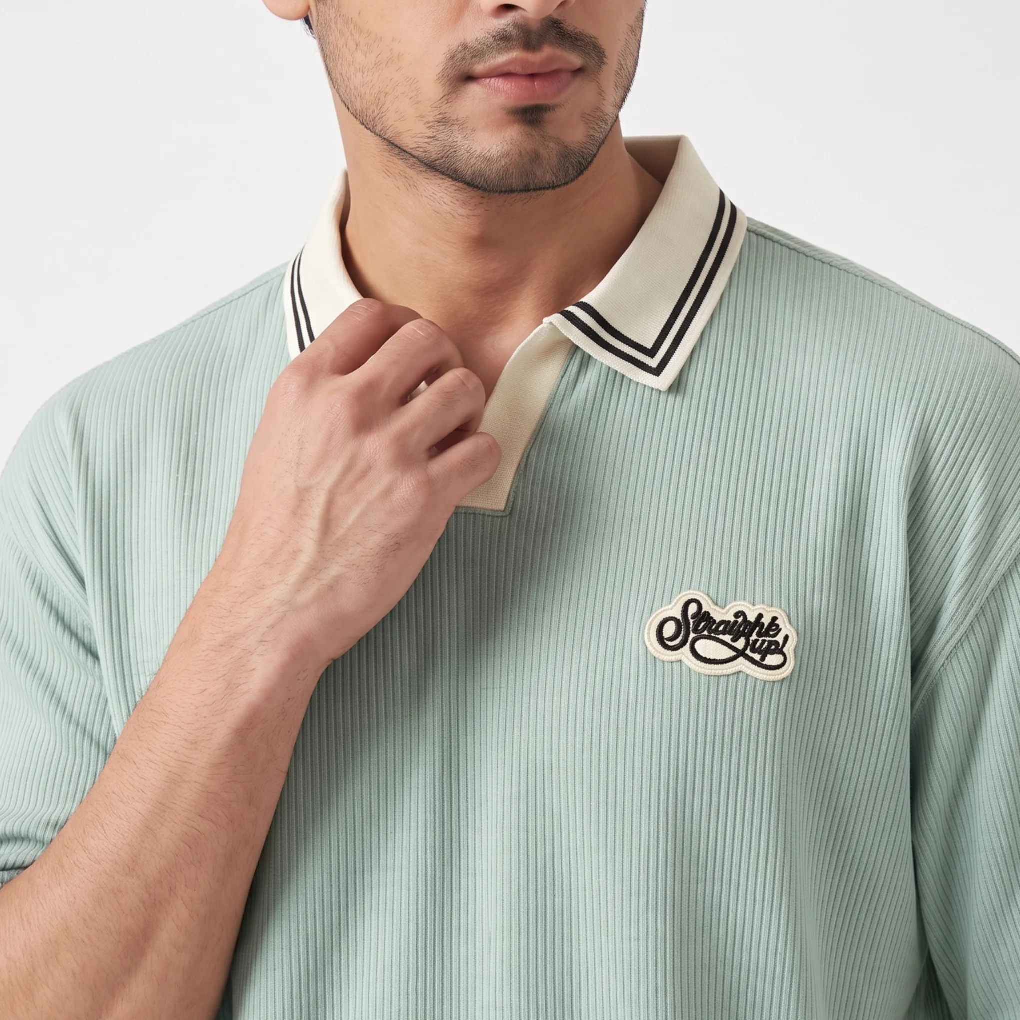 Oversized V.neck-Collar Striped Polo Shirt - Image 5