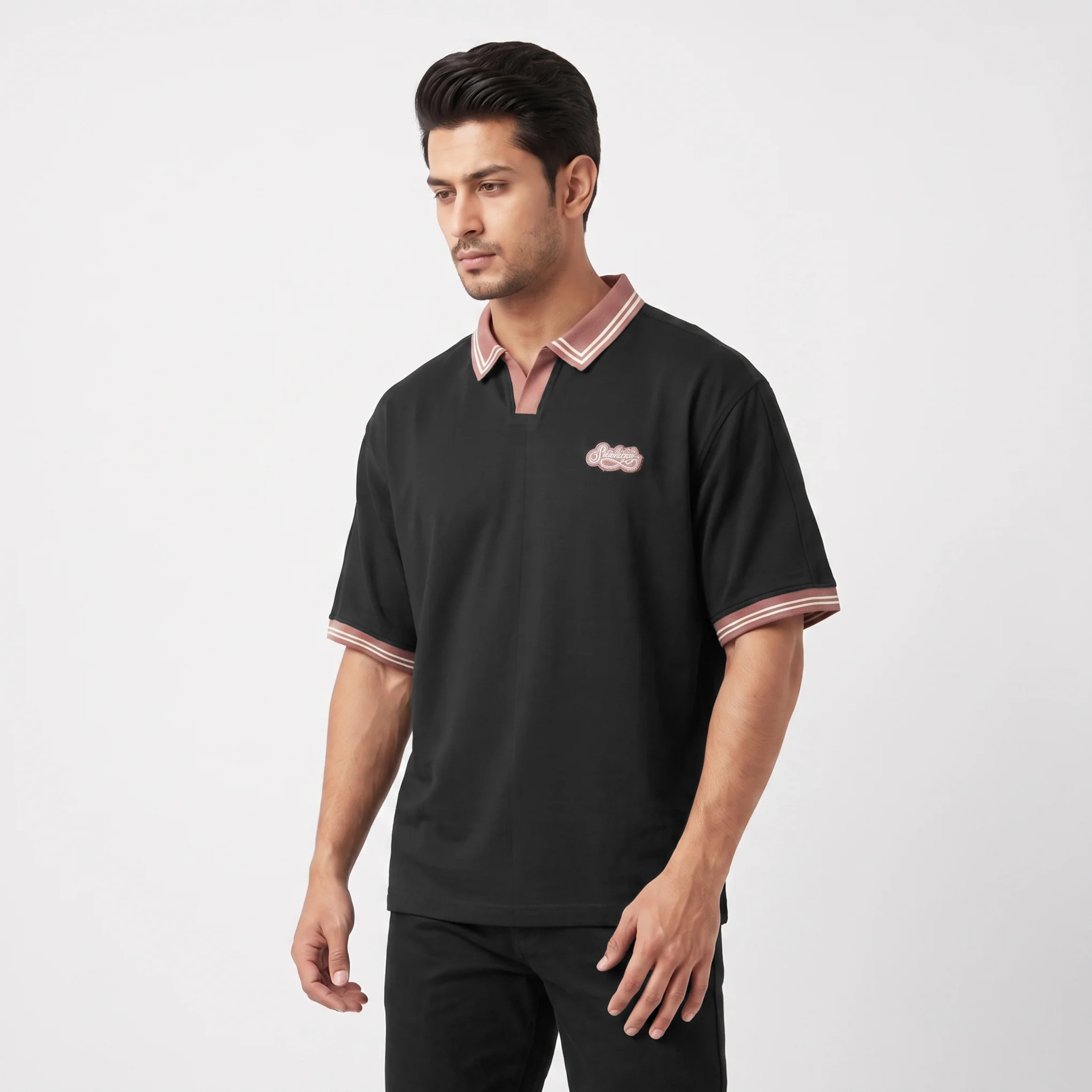 Oversized V.neck-Collar Striped Polo Shirt - Image 3