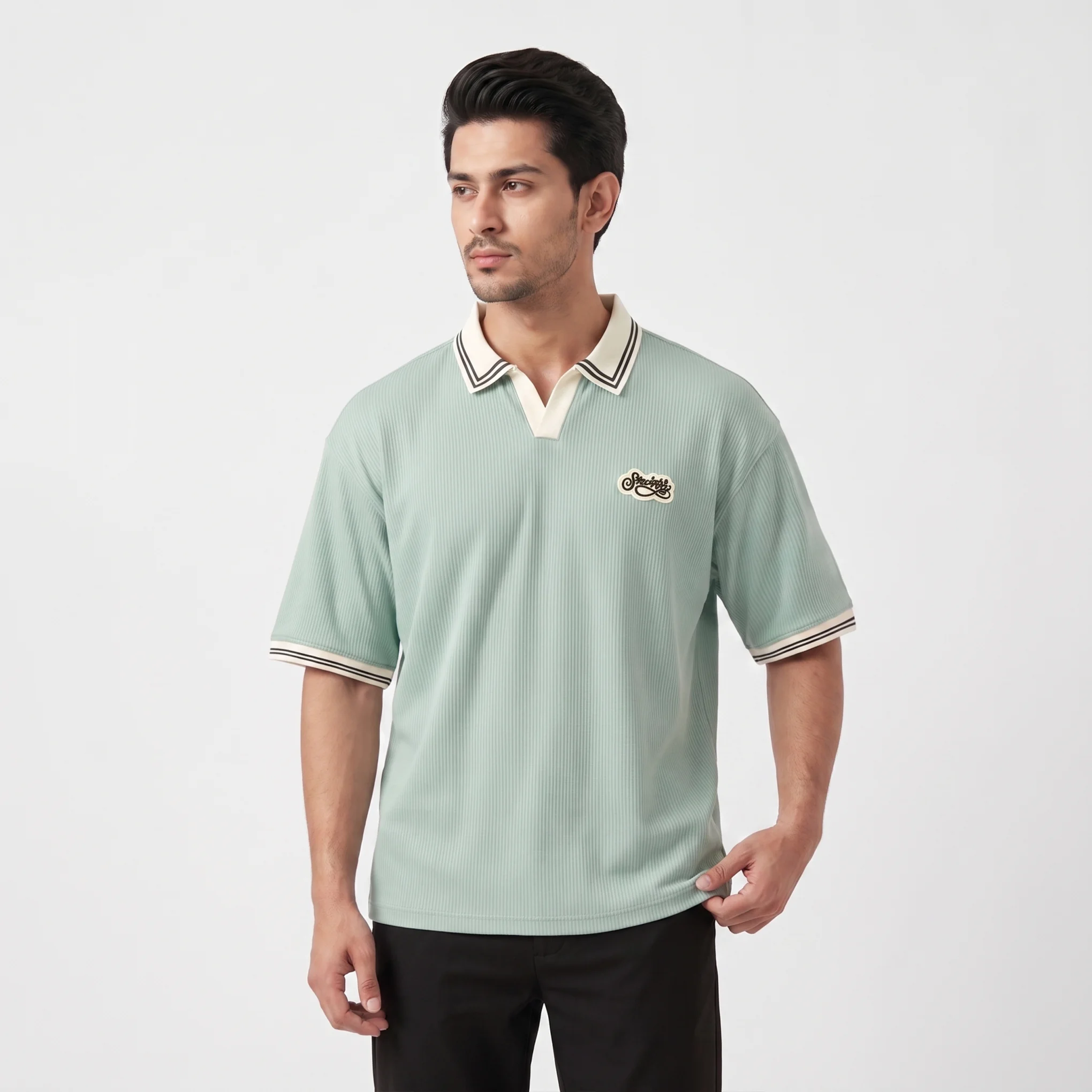 Oversized V.neck-Collar Striped Polo Shirt - Image 3