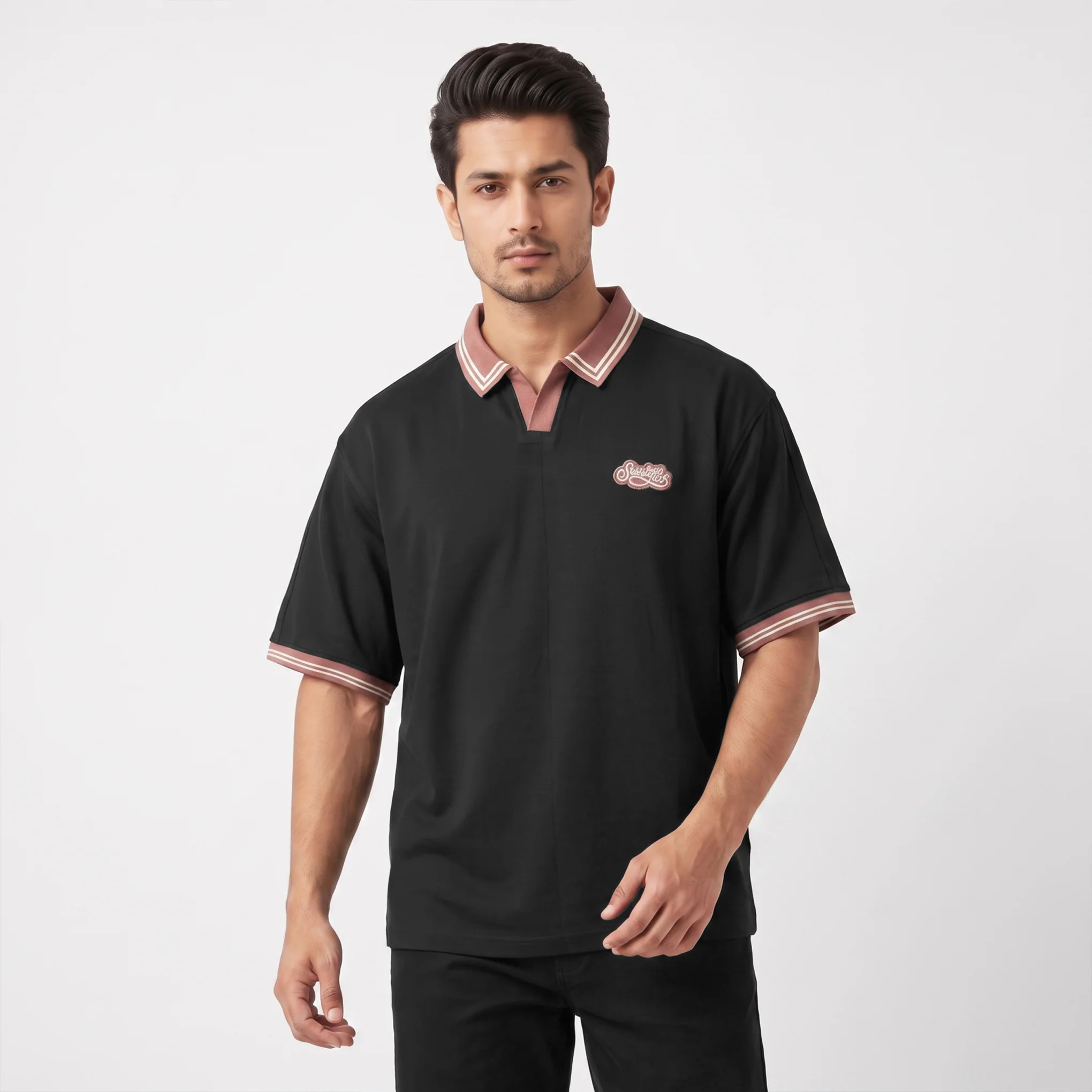 Oversized V.neck-Collar Striped Polo Shirt - Image 2