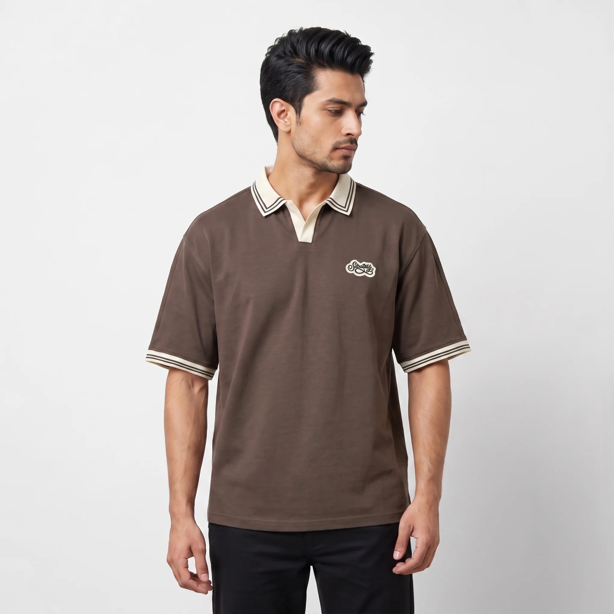 Oversized V.neck-Collar Striped Polo Shirt - Image 2