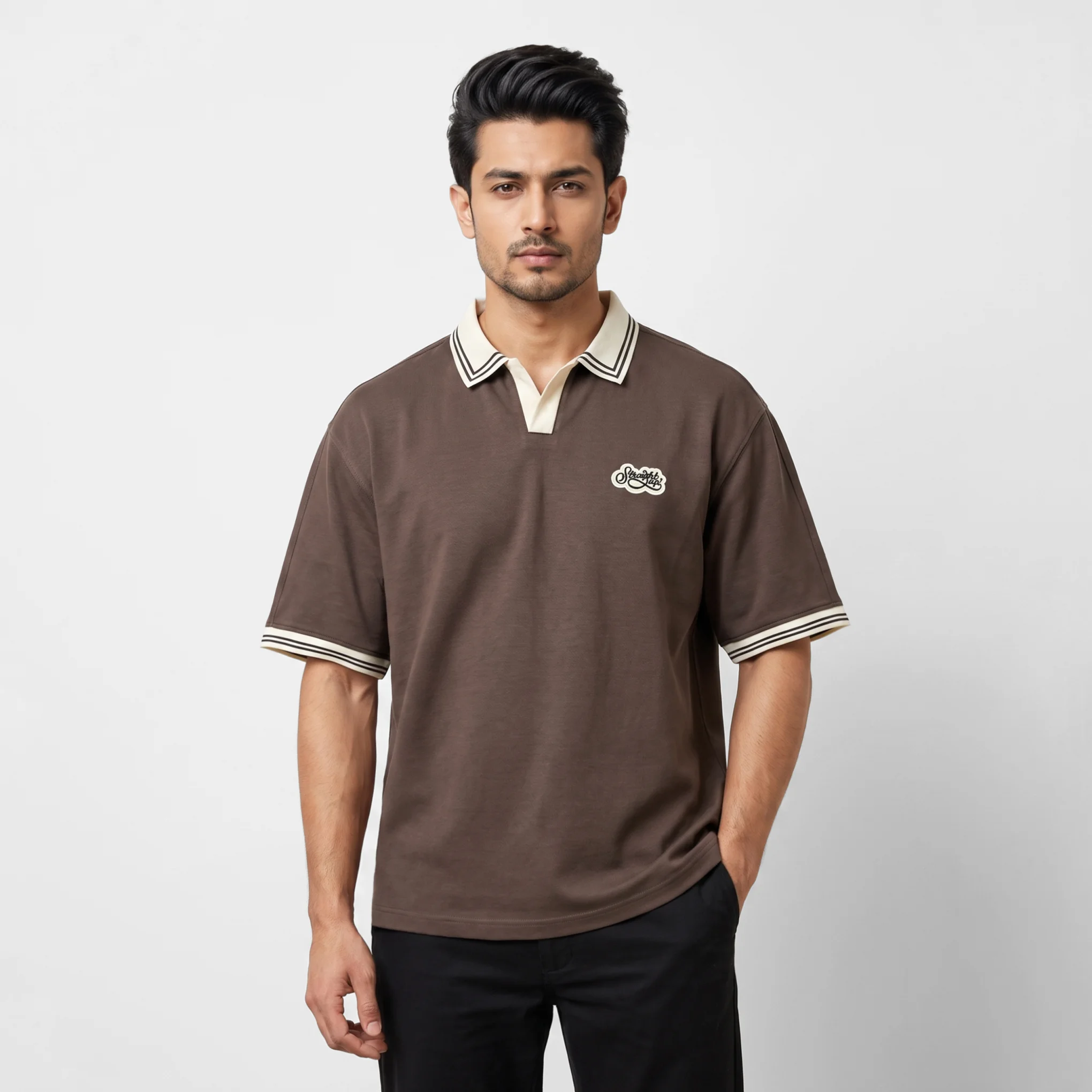 Oversized V.neck-Collar Striped Polo Shirt