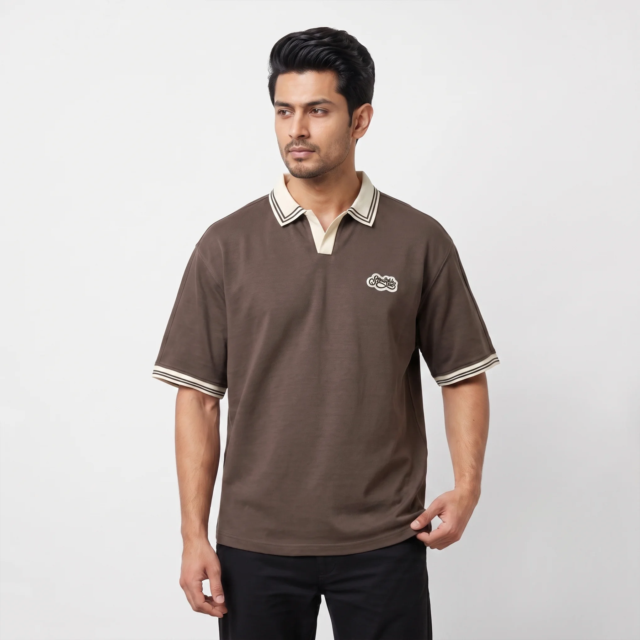 Oversized V.neck-Collar Striped Polo Shirt - Image 3