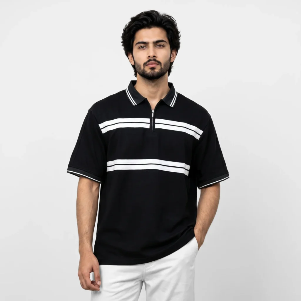 Oversized Zip-Collar Striped Polo Shirt