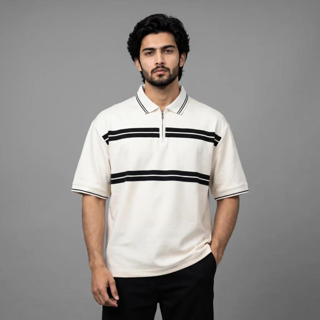 Oversized Zip-Collar Striped Polo Shirt