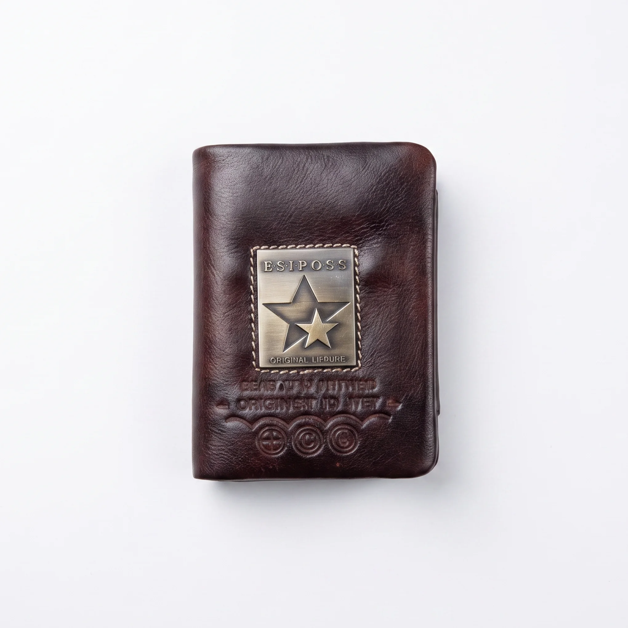 Metal Badge Leather Trifold Walle – Tan Brown - Image 5