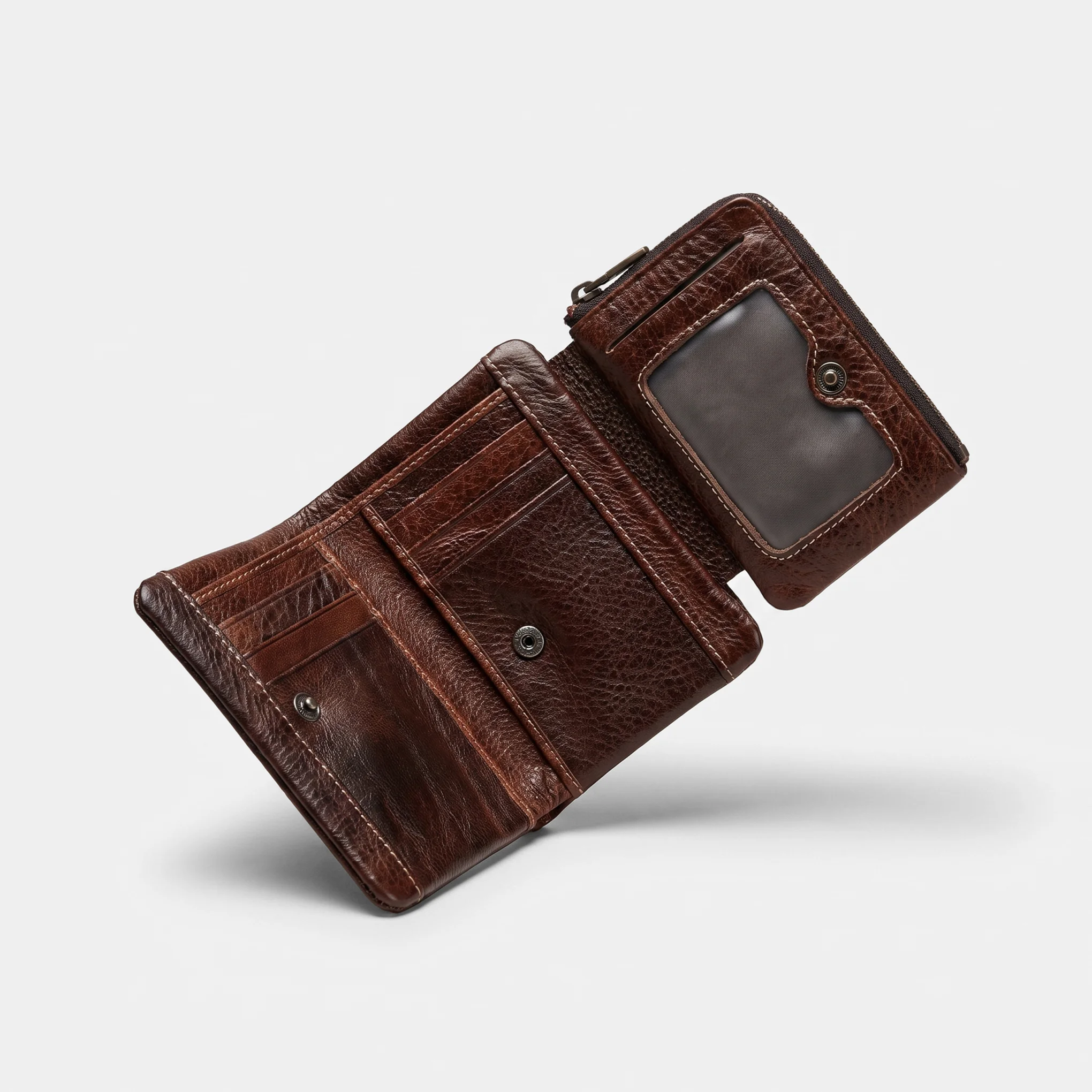 Metal Badge Leather Trifold Walle – Tan Brown - Image 4