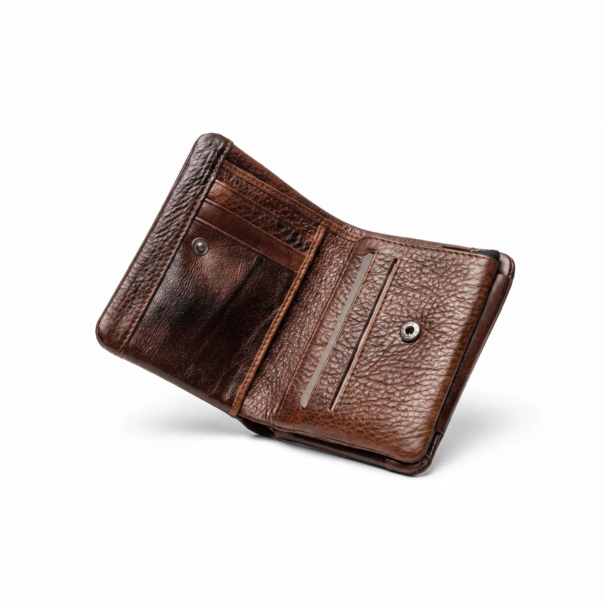 Metal Badge Leather Trifold Walle – Tan Brown - Image 2