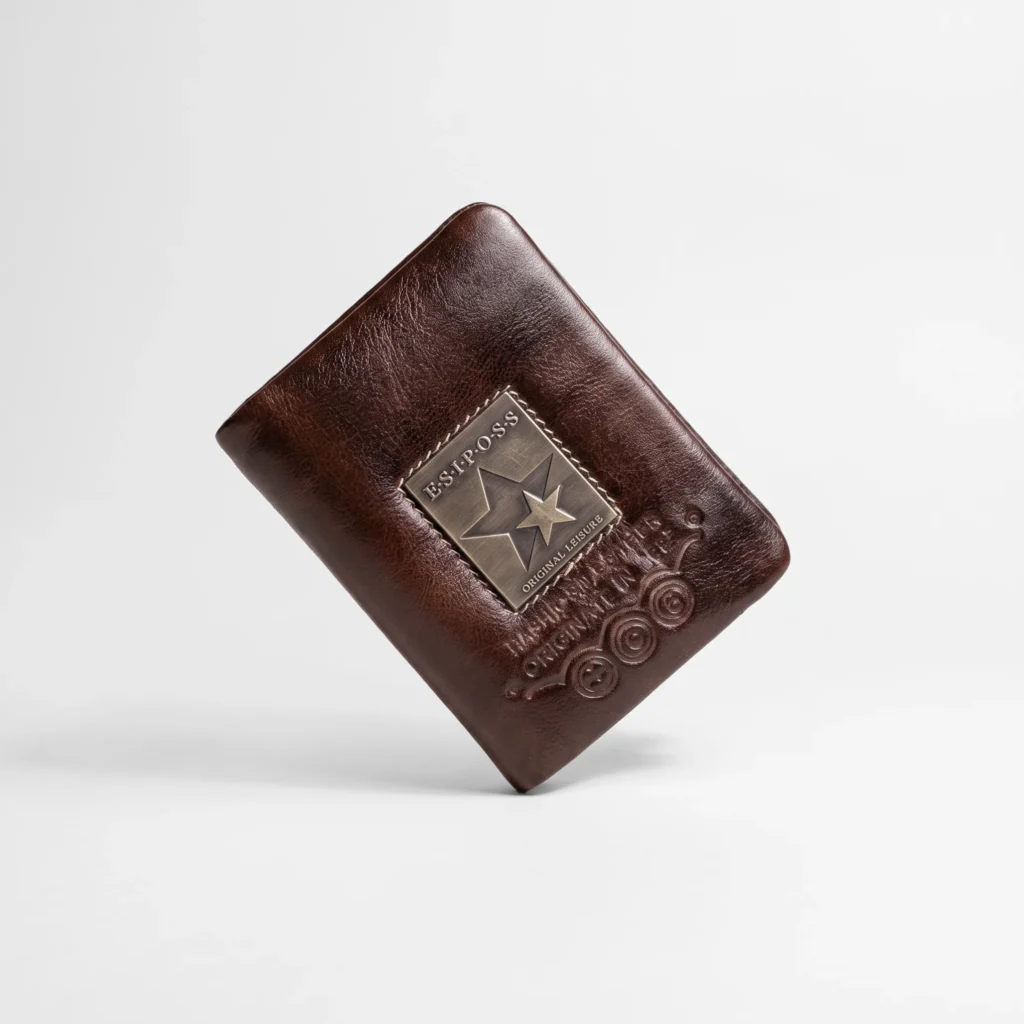 Metal Badge Leather Trifold Walle – Tan Brown