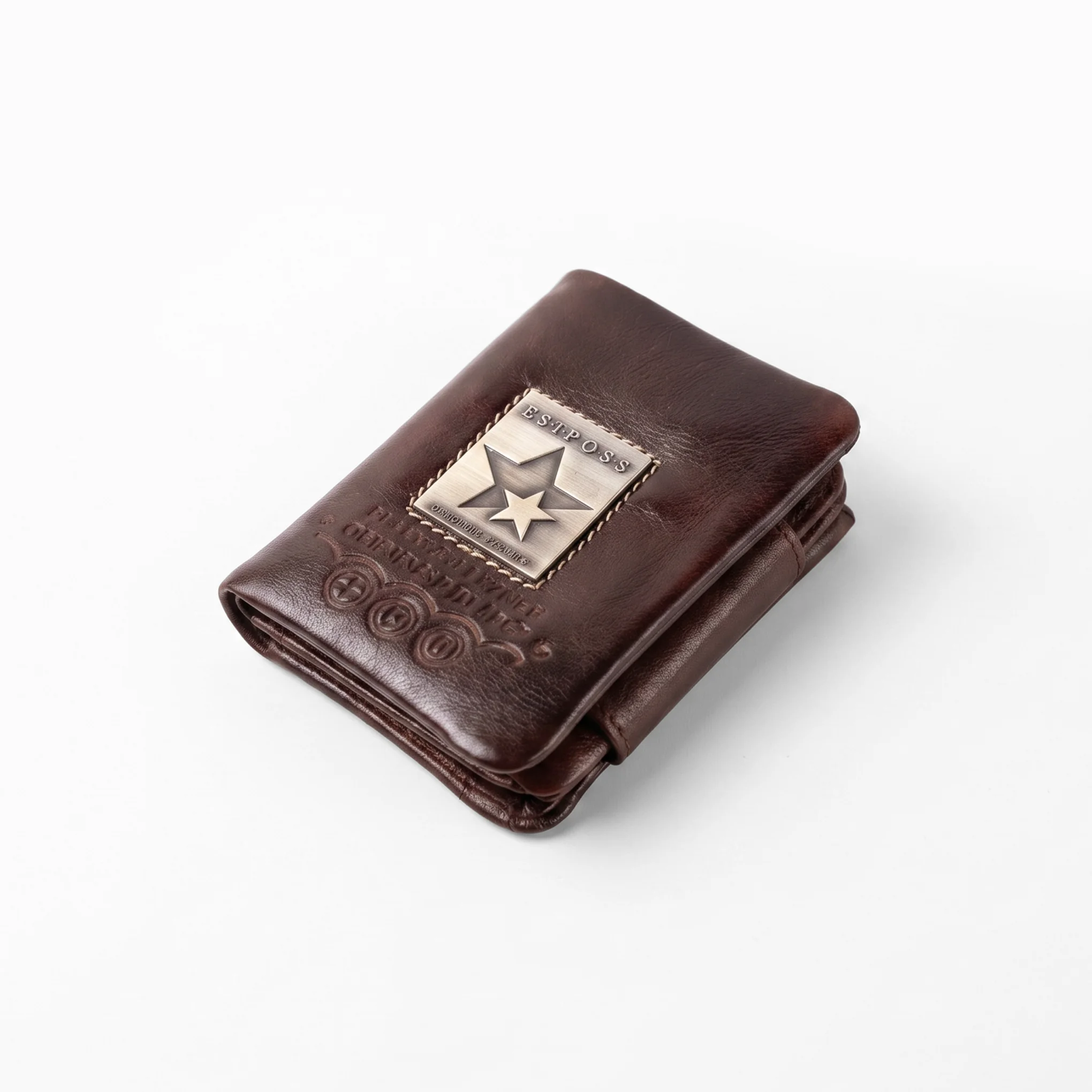 Metal Badge Leather Trifold Walle – Tan Brown - Image 3