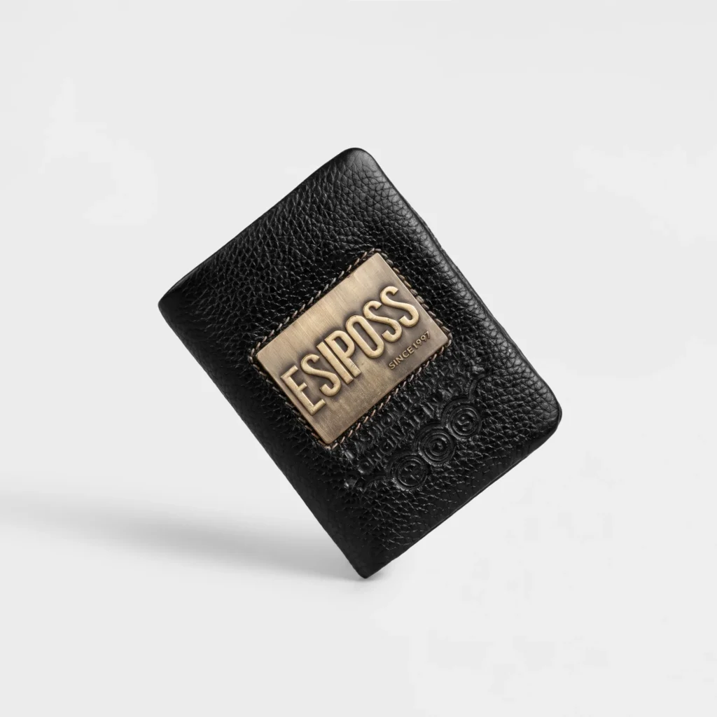 Metal Badge Leather Trifold Wallet – Black